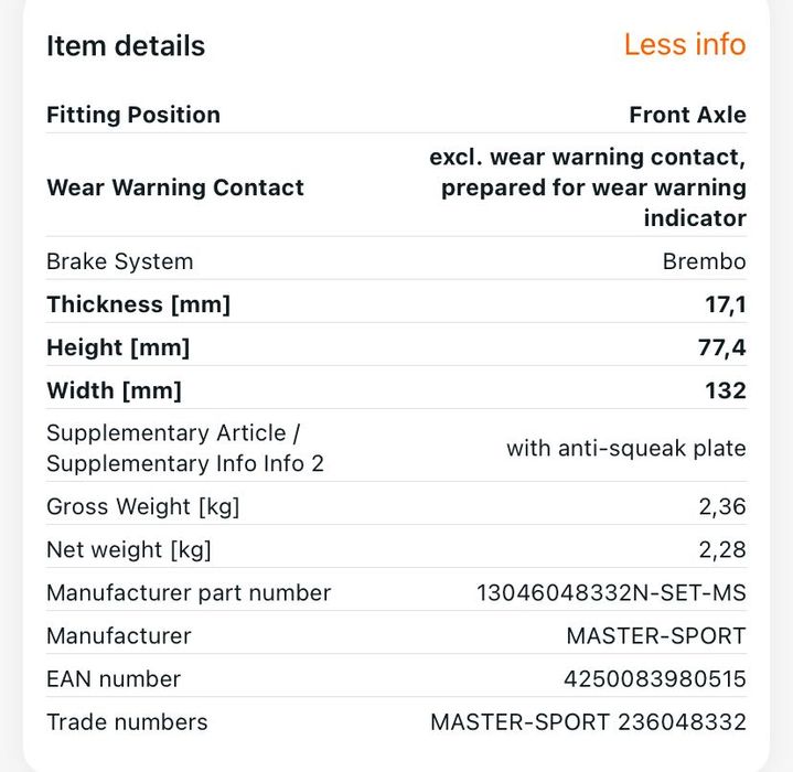 Предни спирачни накладки MASTER-SPORT