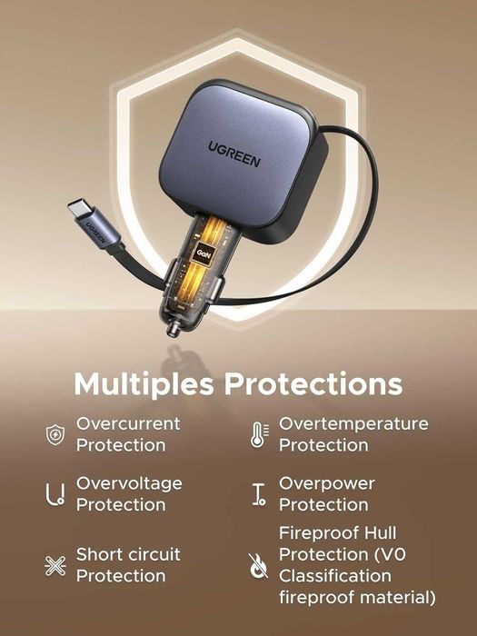 UGREEN 90W USB зарядно, с интегриран прибиращ се кабел