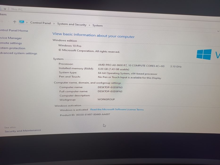 PC HP elitedesk 705 G4, AMD A8-9600, 256 ssd, 8gb ram