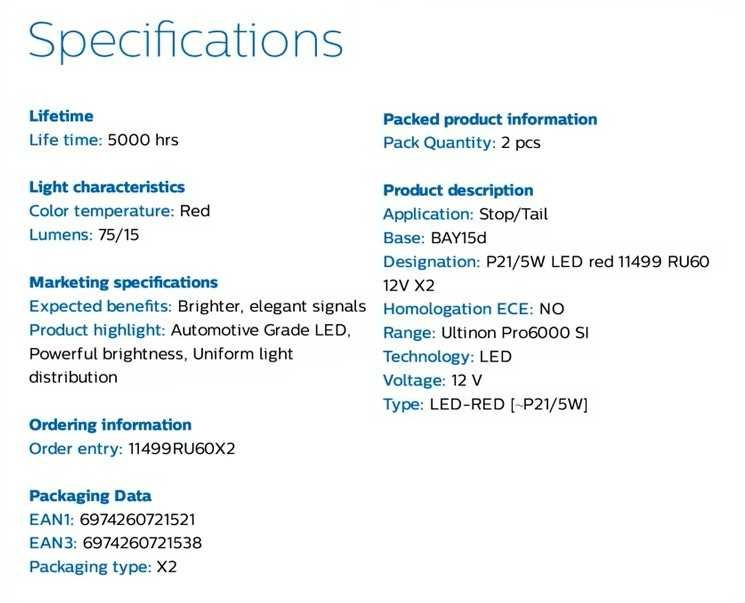 Bec LED Philips Ultinon Pro6000 P21/5W (soclu 1157 / BAY15d - două contacte), 12V, set 2 bucăți, RESIGILAT