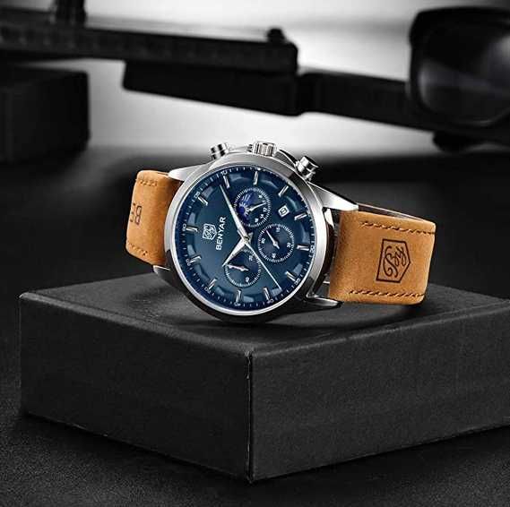 Sigilat Ceas Cronograf Barbatesc Benyar Analog Quarz piele