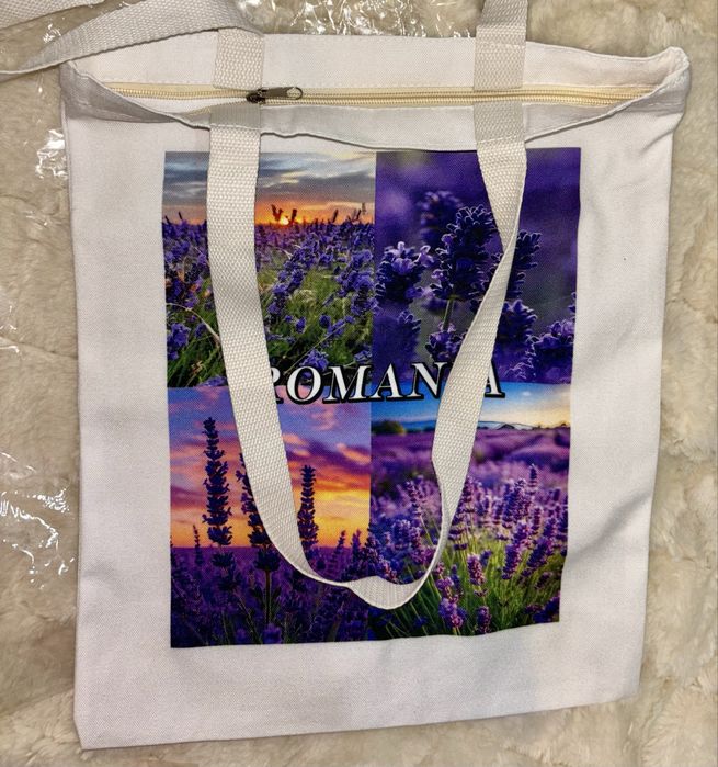 Sacosa imprimata cu fermoar bumbac 100%