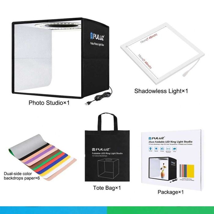 Lightbox portabil PULUZ 25cm cub foto cu LED pt fotografie de produs