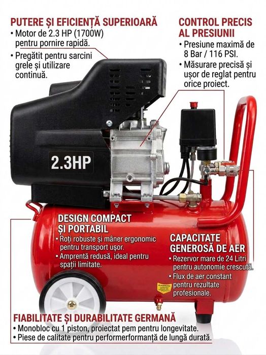 Compresor Aer 24L 2.3CP 8 Bar Fischer Germany Puternic