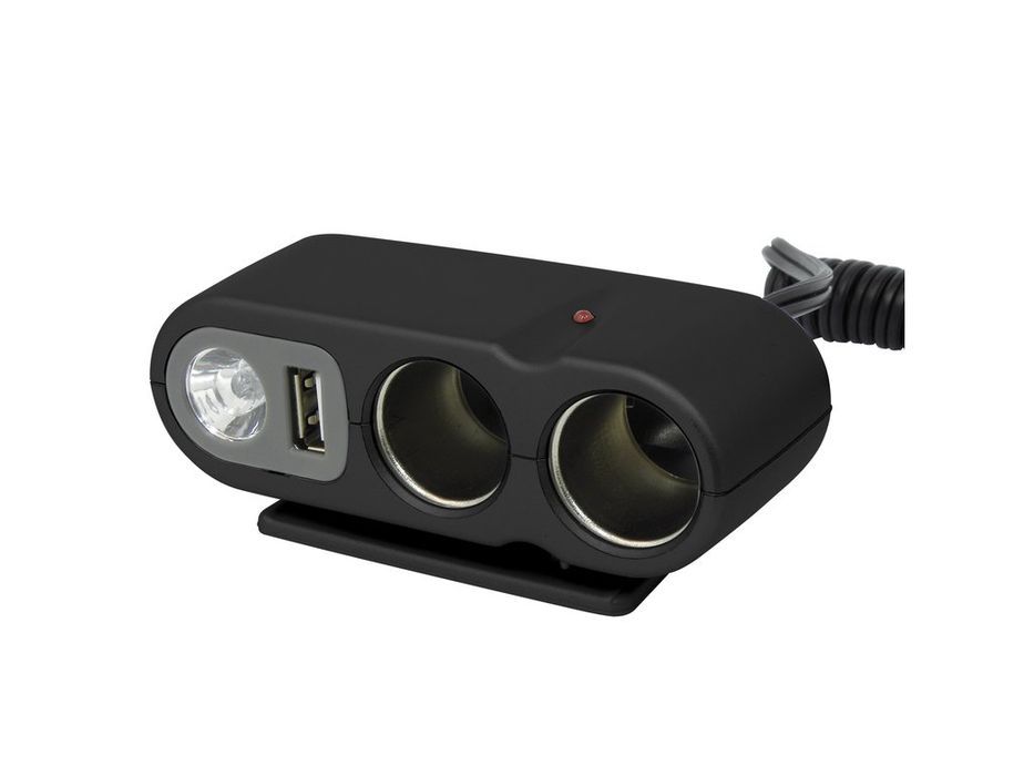 Priza auto dubla Carpoint cu 2 iesiri bricheta 12V si 1 port USB-A 5V, lumina LED si intrerupator, cablu 90 cm, max. 5A