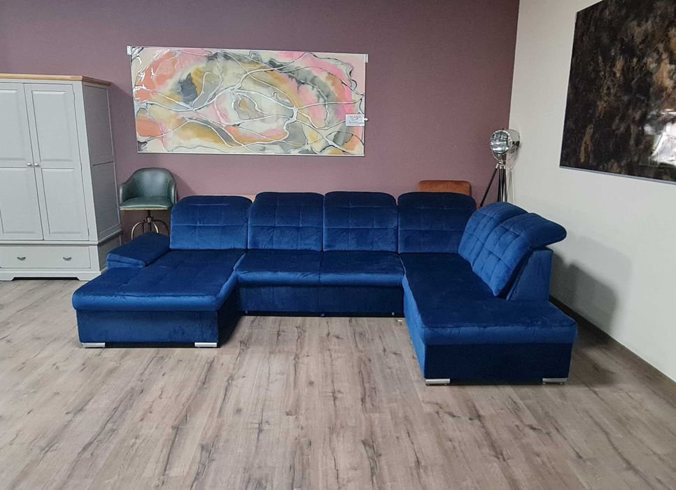 Син П образен ъглов диван от плат Nigrum с функция сън