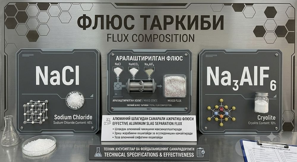 Алюминий флюс. Эритилган алюминийни шлакдан ажратувчи модда