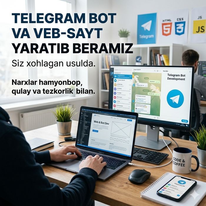 Telegram bot va Sayt yasab beramiz.