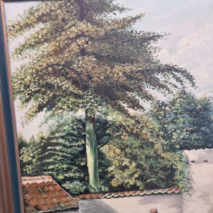 Tablou vechi ulei pe pânză semnat A. Eechan peisaj grădină 59x49 cm