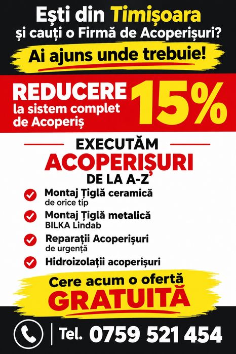 Acoperișuri BILKA Reparații Hidroizolații Dulgherii Timișoara