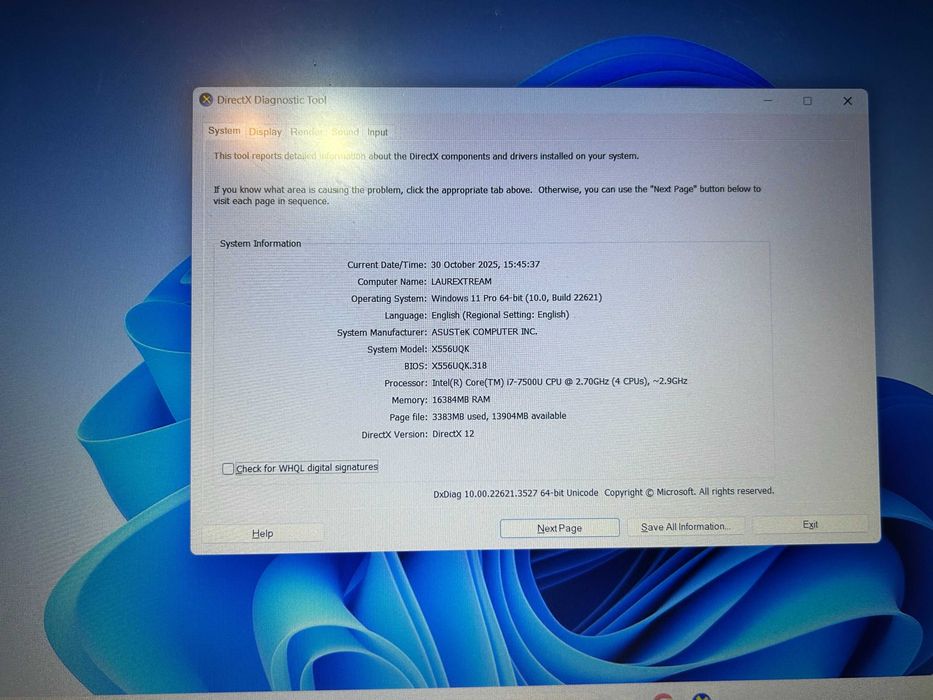 Laptop ASUS i7, 16GB RAM, SSD