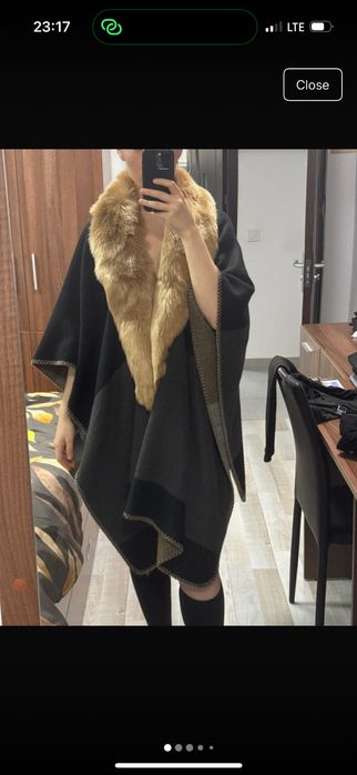 Poncho capa din lana cu guler de blana