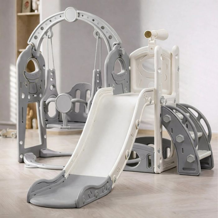 Детска сива пързалка с люлка 3 в 1 – за дома и двора, стабилна и безопасна конструкция
