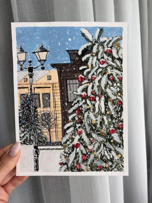 “Sub luminile iernii” tablou in gouache 15x20