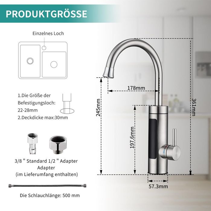 Robinet Electric cu Încălzitor Instantaneu 230V – Robinet de Bucătărie din Oțel Inoxidabil 360° Rotativ