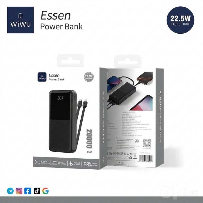 WiWU Essen Power Bank CCC 20000mAh 22.5W (Wi-P082) Встроенные Кабели