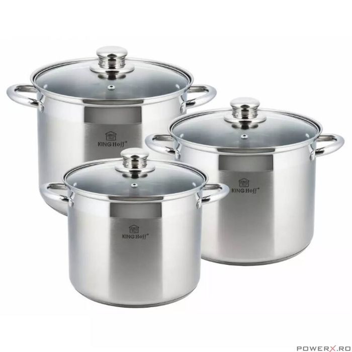 Set 3 oale din inox, cu capac sticla, 11.1l, 13.5l, 16.2l, KingHoff