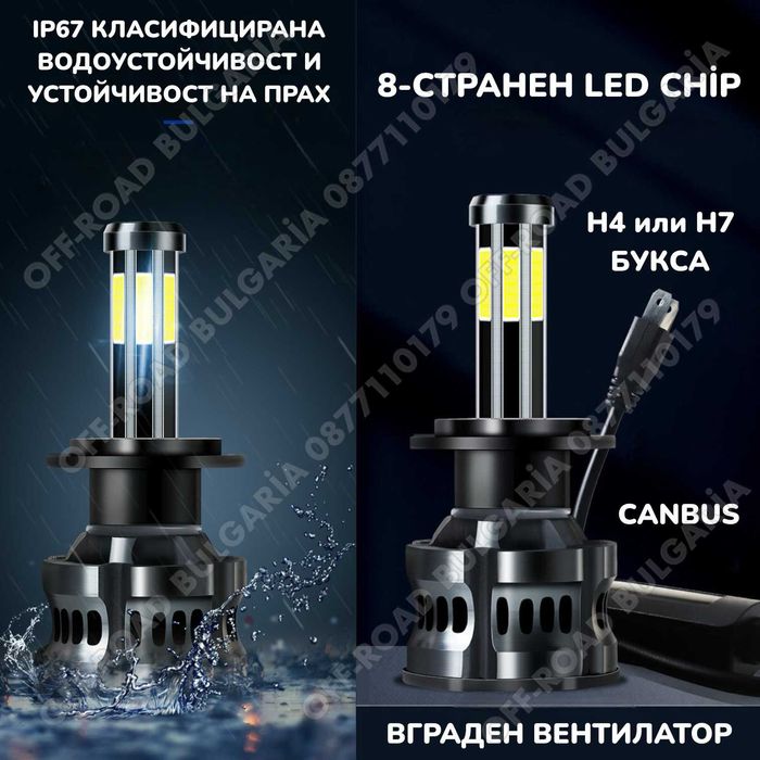 ТРИ ЦВЯТА 300W 360° LED Диодни крушки H7 12-24V LED Крушки за фарове