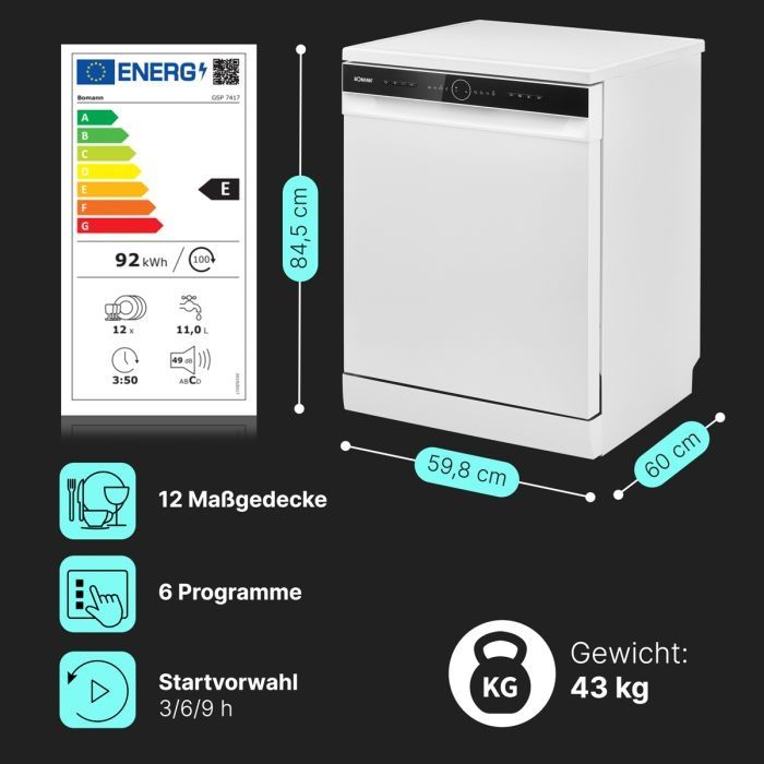 Нова свободностояща съдомиялна 60 см Bomann GSP 7417 бял гланц