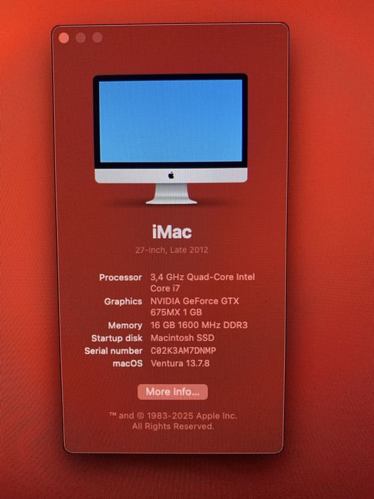 iMac 27" Late 2012 – Intel i7 / 16GB RAM / SSD / macOS Ventura – Stare excelentă