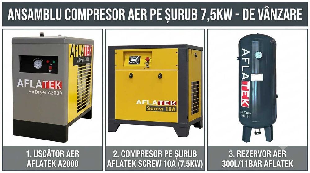 Vând Compresor aer pe șurub 7,5 kW + Rezervor 300 L + Uscător aer – NOU, doar 5 ore funcționare