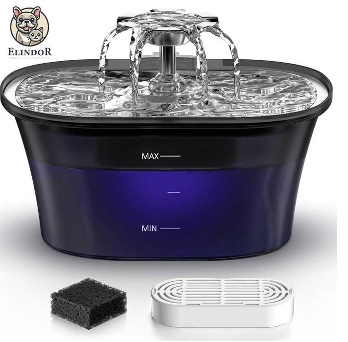 Dispenser de apa Inox Elindor pentru animale de companie, cu filtrare in 5 straturi si jet de apa, 2.5l, lumina led, negru