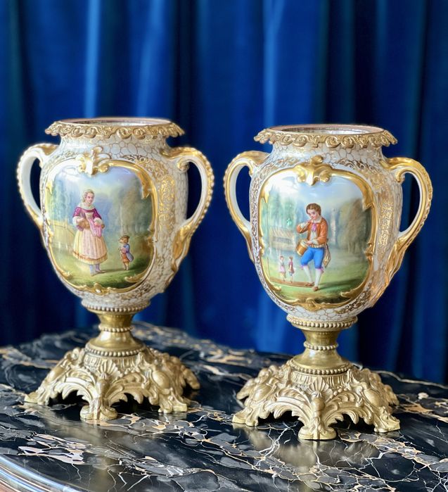 Pereche Vase Bronz / Porțelan *** vintage / antic / vechi / retro ***