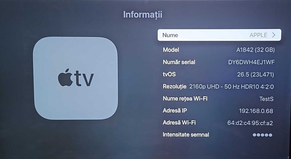 Media player original Apple TV 4K 32GB Model A1842, A10X Fusion Smart TV