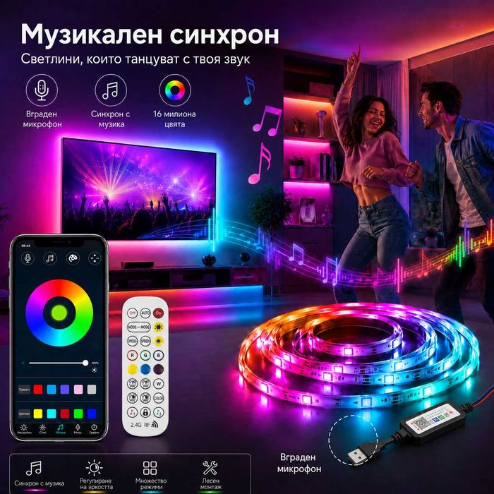 RGBIC LED лента 5 м с Музикална Синхронизация – Bluetooth, Приложение, Дистанционно и Цветни Ефекти за TV, Гейминг , Партита, Домашно Кино, Дискотека