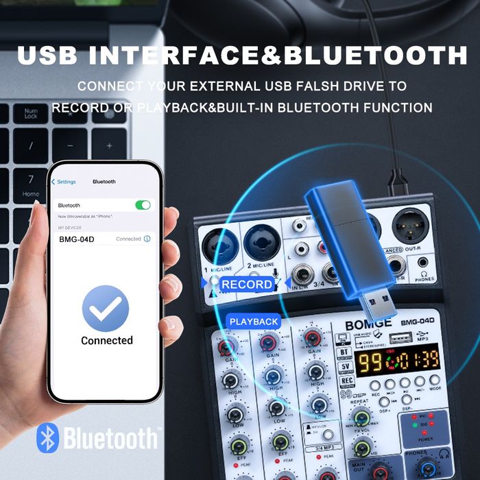 Смесителен пулт BMG-04D DSP99 UPGRADE, DJ Mixer, Bluetooth, USB Player