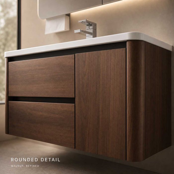Луксозен шкаф за баня от водоустойчиво инженерно дърво 2801 (Walnut Balance) със заоблен дизайн и смарт огледало