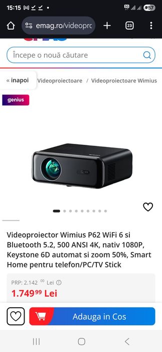 Videoproiector Wimius P62 WiFi 6 si Bluetooth 5.2, 500 ANSI 4K, nativ