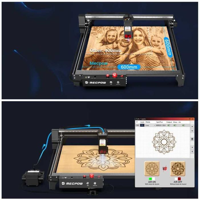 Laser CNC Mecpow x5Pro, 33W, 600x600mm + Auto Air Assist + Fagure - Folosit pentru teste si demo