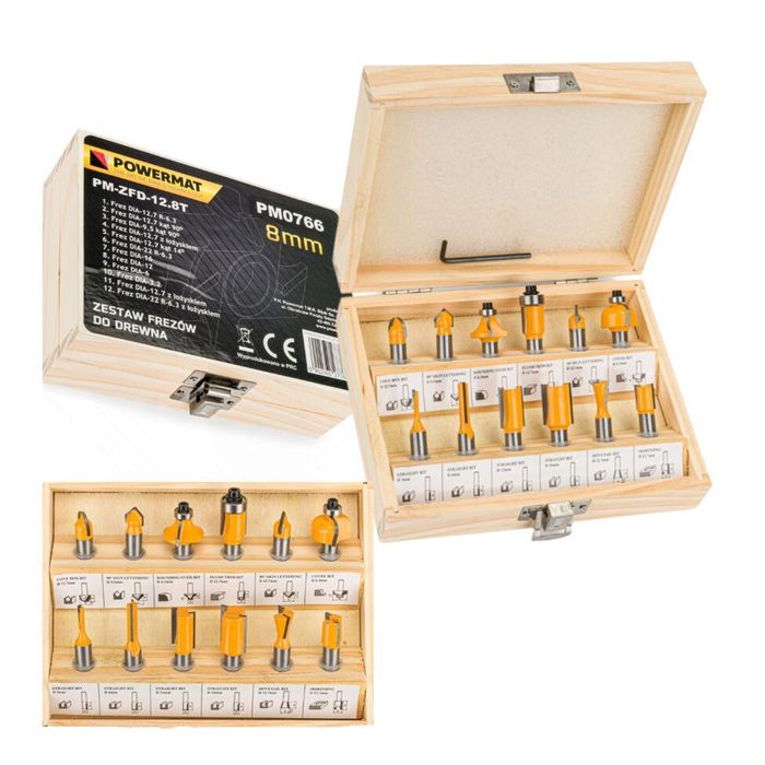 Set 12 freze lemn profesionale pentru freza, oberfreza prindere 8 mm,