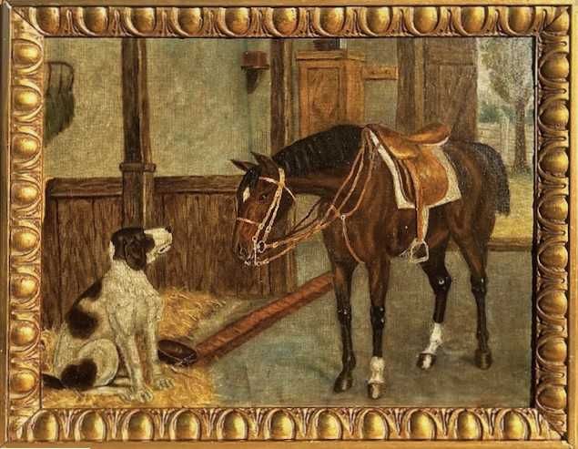 "DOI PRIETENI" Tabl0u vechi, realiz in ul>panza>car 55x45 cm, semn