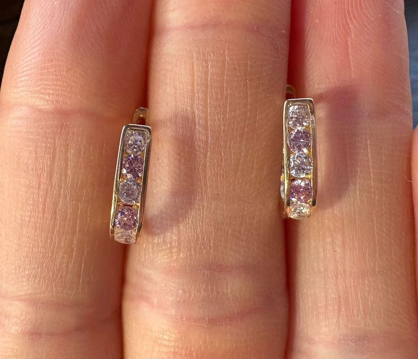 Златни обеци с Цирконий и Розов Кварц 1.17гр-14к