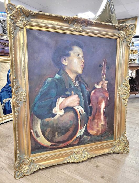Pictură pe pânză- Portret de Băiat cu Vioară și Tamburină