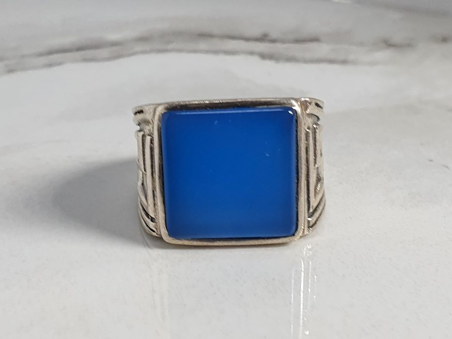 Inel tip pecete (signet ring) bărbătesc din argint 925 cu onix albastru – mărimea 60 – 13,92 g