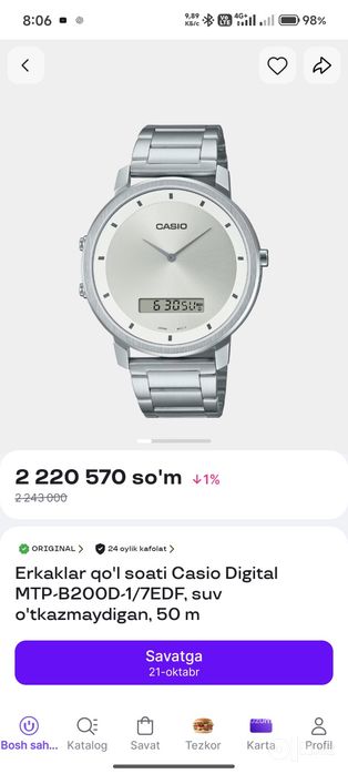Casio orginal 100$. Kami bor
MTP.B200D-1/7EDFsuV
o50m
Sga
21
MTP.B200D