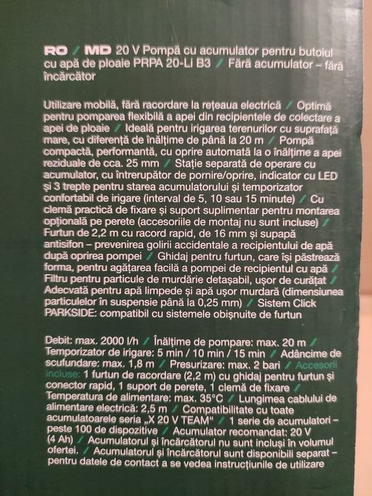 Pompa de apa de ploaie pentru butoi Parkside pe acumulator de 20 V