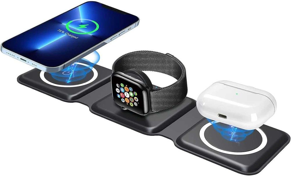 Магнитна сгъваема безжична зарядна станция за iPhone 3 в 1