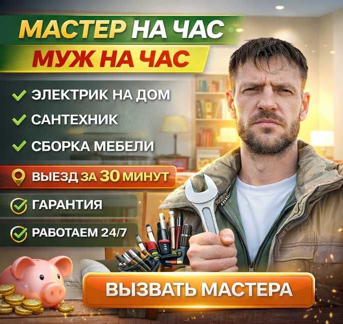 Мастер на час, муж на час, Электрик на дом, сантехник, сборка мебели