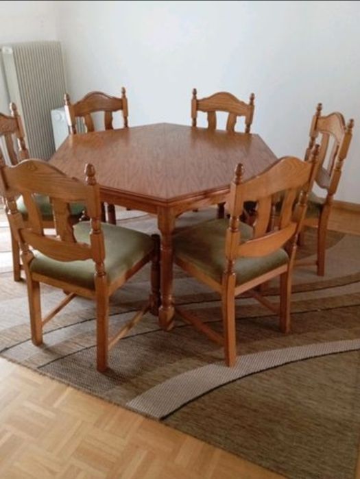 Masa lemn masiv + scaune piele maro frigider