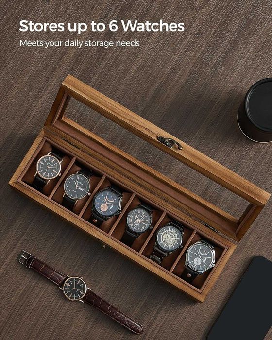 Cutie depozitare ceasuri Songmics, 6 sloturi, capac din sticla, lemn