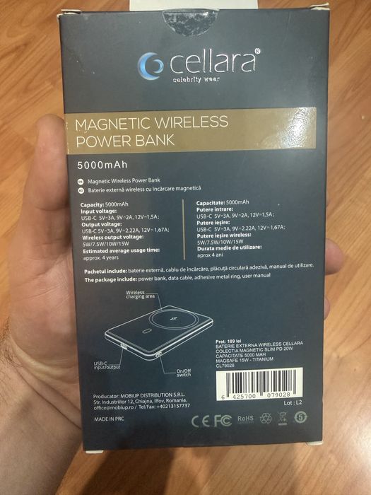 Magnetic wireless power bank Cellara 5000 Ah nouă