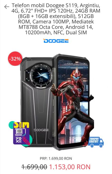 Doogee S119, 120Hz, 24gb Ram, 512gb, Sigilat, transport Inclus, OCAZIE