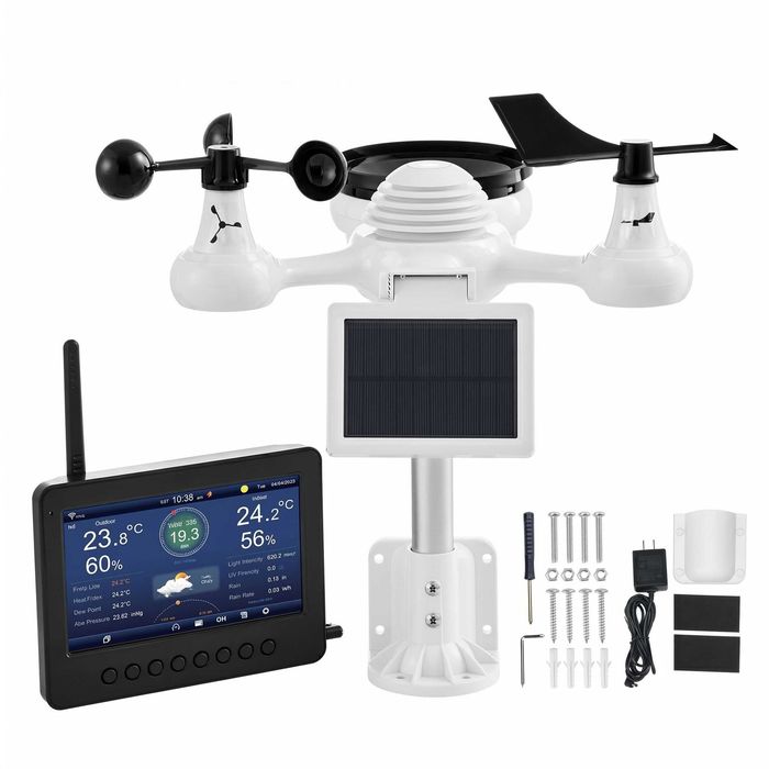 Statie meteo Wi-Fi 7 in 1 cu senzor exterior solar, ecran TFT 17,8 cm, raza 100 m, masoara vant ploaie temperatura umiditate