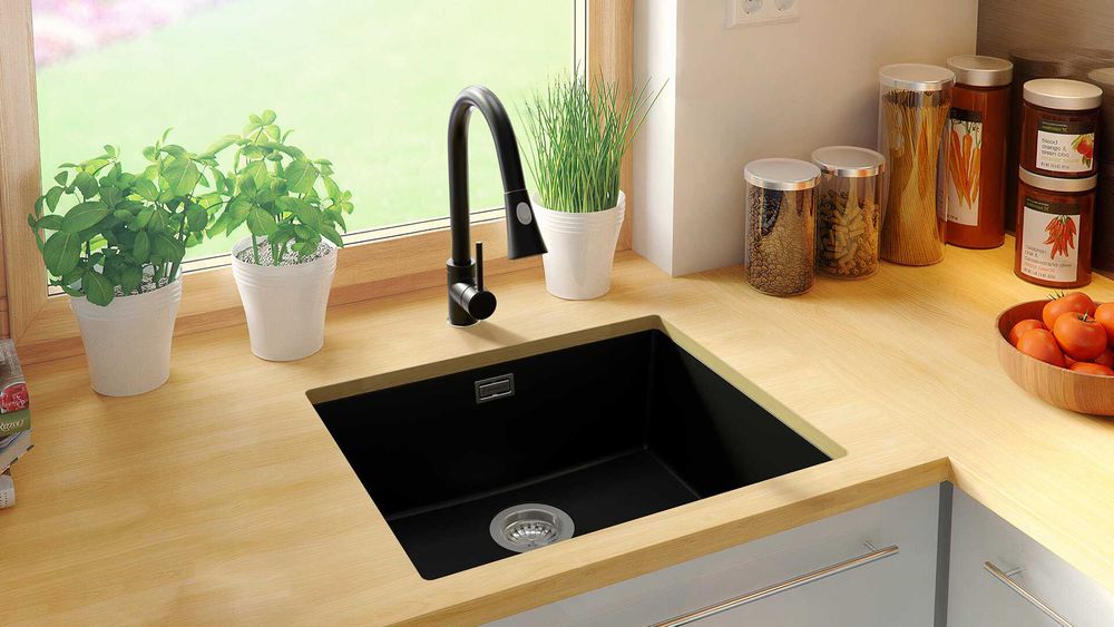 Черна гранитна мивка за вграждане под плот Лондон 60 XXL 560 x 470 мм