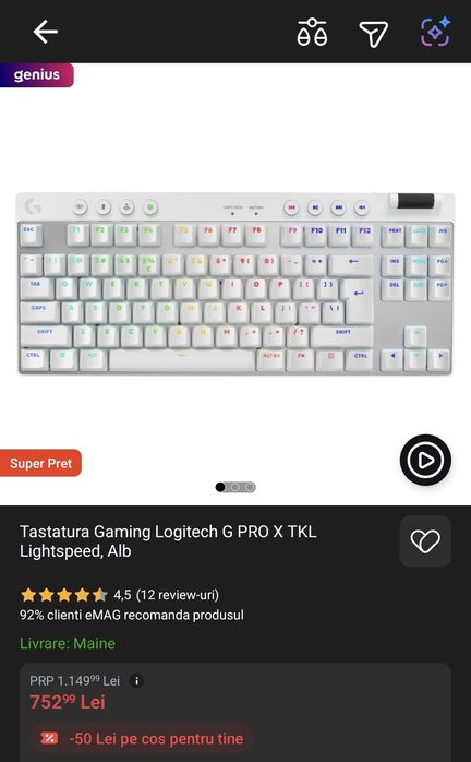 Tastatura Gaming Logitech G PRO X TKL Lightspeed, Alb