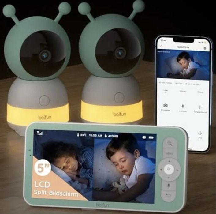 BOIFUN 2K WiFi Бебефон с две камери, нощна лампа, приложение и 5-инчов разделен екран